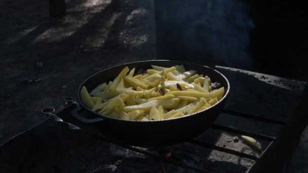 Freír Papas Una Sartén Sobre Una Fogata Patatas Fritas Una — Vídeos de Stock