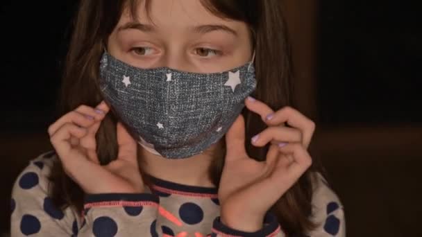 Little Girl Protective Medical Mask Stay Home Coronavirus Covid Cute — Stock Video