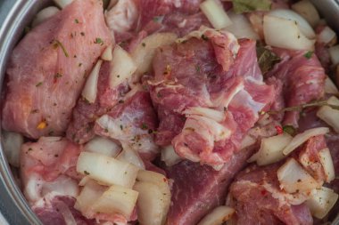 Kebap. Domuz eti ve doğranmış soğan. Yakın plan çekilmiş. Barbeküde soğanlı domuz eti dilimlenmiş. Baharatlı çiğ domuz eti, salamura et. Et yemeği hazırlığı için hazırlık.