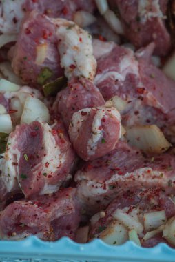 Kebap. Domuz eti ve doğranmış soğan. Yakın plan çekilmiş. Barbeküde soğanlı domuz eti dilimlenmiş. Baharatlı çiğ domuz eti, salamura et. Et yemeği hazırlığı için hazırlık.