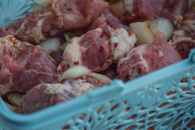 Kebap. Domuz eti ve doğranmış soğan. Yakın plan çekilmiş. Barbeküde soğanlı domuz eti dilimlenmiş. Baharatlı çiğ domuz eti, salamura et. Et yemeği hazırlığı için hazırlık.