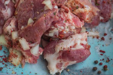 Kebap. Domuz eti ve doğranmış soğan. Yakın plan çekilmiş. Barbeküde soğanlı domuz eti dilimlenmiş. Baharatlı çiğ domuz eti, salamura et. Et yemeği hazırlığı için hazırlık.