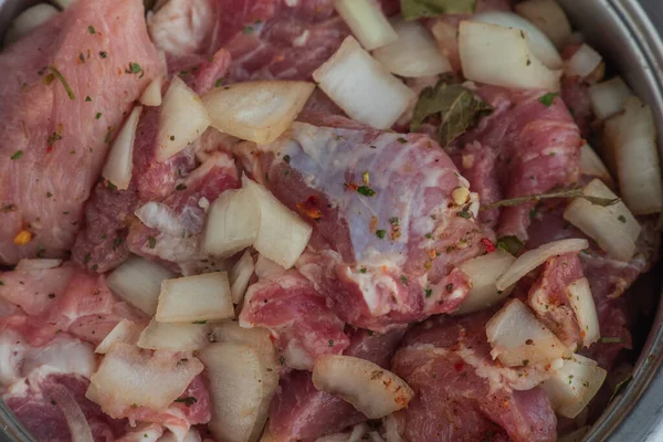 ケバブ 豚肉とみじん切り玉ねぎの作品は クローズアップ撮影 玉ねぎとバーベキュー上の作品にみじん切り豚肉 スパイスの生豚 漬け肉 肉料理の準備 — ストック写真