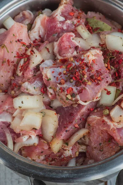 Kebab Trozos Cerdo Cebolla Picada Fotografiado Cerca Cerdo Picado Trozos —  Fotos de Stock