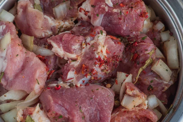 ケバブ 豚肉とみじん切り玉ねぎの作品は クローズアップ撮影 玉ねぎとバーベキュー上の作品にみじん切り豚肉 スパイスの生豚 漬け肉 肉料理の準備 — ストック写真