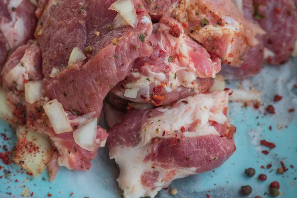 Kebab - pieces of pork and chopped onion, photographed close-up. Pork chopped into pieces on a barbecue with onions. Raw pork in spices, pickled meat. Preparation for the preparation of meat dishes