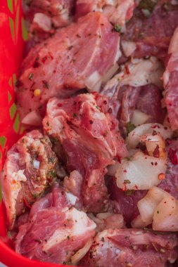 Kebap. Domuz eti ve doğranmış soğan. Yakın plan çekilmiş. Barbeküde soğanlı domuz eti dilimlenmiş. Baharatlı çiğ domuz eti, salamura et. Et yemeği hazırlığı için hazırlık.