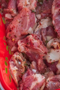 Kebap. Domuz eti ve doğranmış soğan. Yakın plan çekilmiş. Barbeküde soğanlı domuz eti dilimlenmiş. Baharatlı çiğ domuz eti, salamura et. Et yemeği hazırlığı için hazırlık.