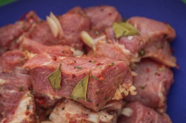 Kebap. Domuz eti ve doğranmış soğan. Yakın plan çekilmiş. Barbeküde soğanlı domuz eti dilimlenmiş. Baharatlı çiğ domuz eti, salamura et. Et yemeği hazırlığı için hazırlık.