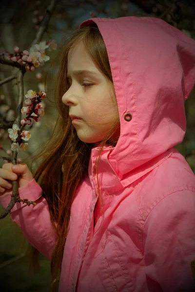 분홍색 소녀가 공원을 근처의 분홍색 재킷을 개념은 머리가 산책하는 — 스톡 사진