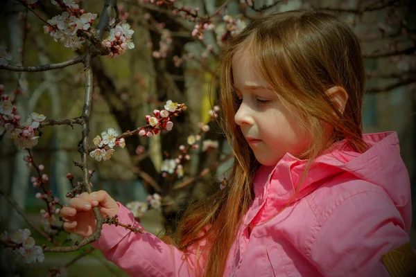 Pembe Elbiseli Küçük Bir Kız Çiçek Açan Bir Ağacın Yanında — Stok fotoğraf