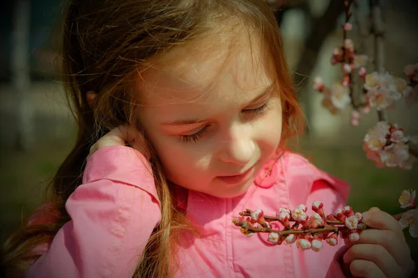 a small, girl in pink clothes walking in the Park near a flowering tree. Little girl in a pink jacket near a flowering tree. The concept has come spring. Girl with long hair. A child on a walk.