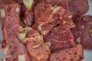 Kebap. Domuz eti ve doğranmış soğan. Yakın plan çekilmiş. Barbeküde soğanlı domuz eti dilimlenmiş. Baharatlı çiğ domuz eti, salamura et. Et yemeği hazırlığı için hazırlık.