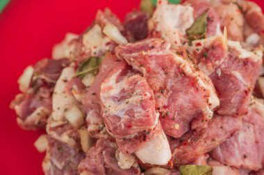 Kebap. Domuz eti ve doğranmış soğan. Yakın plan çekilmiş. Barbeküde soğanlı domuz eti dilimlenmiş. Baharatlı çiğ domuz eti, salamura et. Et yemeği hazırlığı için hazırlık.