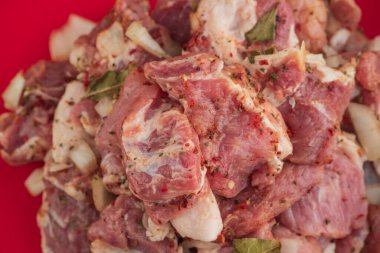 Kebap. Domuz eti ve doğranmış soğan. Yakın plan çekilmiş. Barbeküde soğanlı domuz eti dilimlenmiş. Baharatlı çiğ domuz eti, salamura et. Et yemeği hazırlığı için hazırlık.