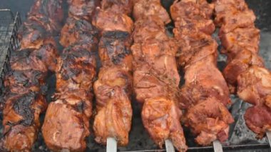 Dumanlı ızgarada marine edilmiş domuz etli shashlik. Izgarada kızartılmış barbekü. Açık ızgarada leziz kebap, açık mutfak. Şehirde yemek festivali. Lezzetli yemekler şiş şiş, yemek katında kızartılıyor.