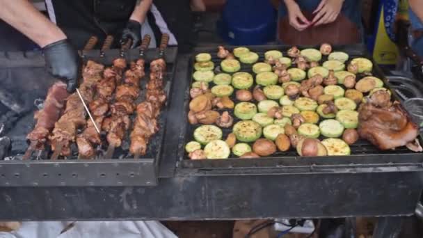 Gril Smažený Grilu Vynikající Bbq Kebab Grilování Otevřeném Grilu Venkovní — Stock video