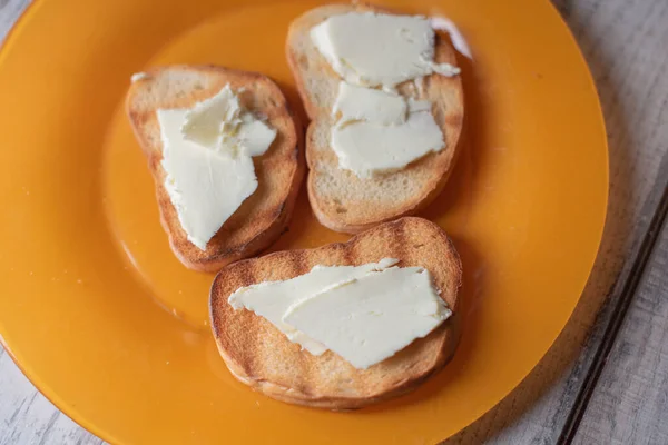 Smażony Kawałek Tosta Masłem Widok Góry Smażony Chleb Masłem — Zdjęcie stockowe