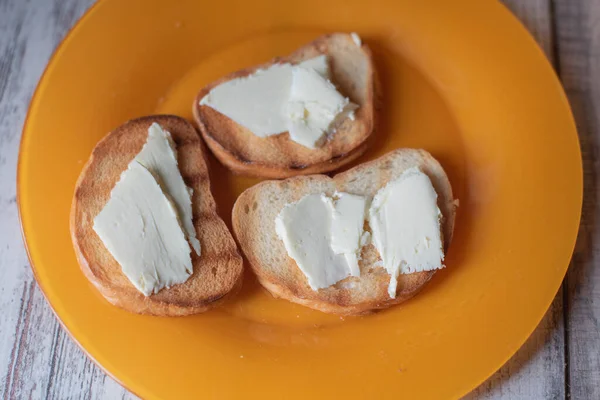 Smažený Plátek Toastu Máslem Horní Pohled Smažený Chléb Máslem — Stock fotografie