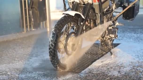 オートバイの車泡の注入とのオートバイの洗浄の大きいバイクのクリーニングよりきれいにしなさい オートバイを洗う — ストック動画