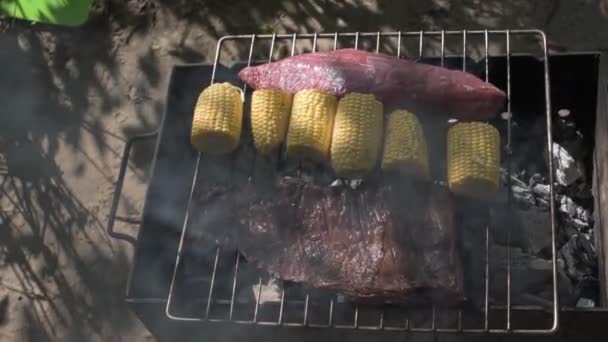 Főzés Nagy Steak Szabadban Tábortűz Láng Természetes Camping Grill Stílus — Stock videók