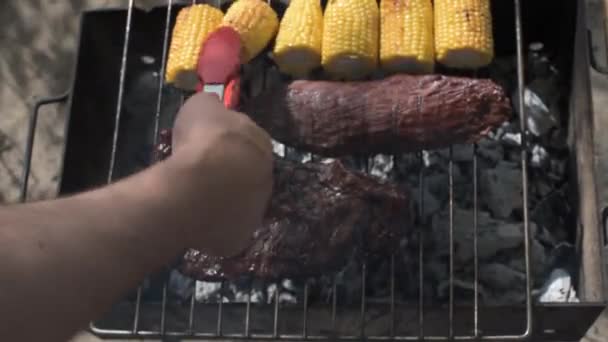 Dışarıda Şenlik Ateşinde Büyük Biftekler Pişirmek Doğal Kamp Tarzında Kömürlü — Stok video