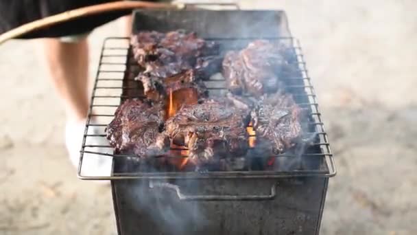 Grote Biefstuk Koken Buiten Kampvuur Vlam Natuurlijke Camping Barbeque Stijl — Stockvideo