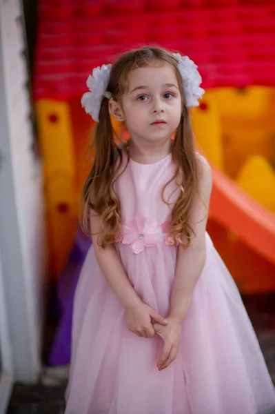 Cute Pięcioletnia Dziewczyna Różowej Sukience Księżniczki Portret Szczęśliwej Blondynki Lat — Zdjęcie stockowe