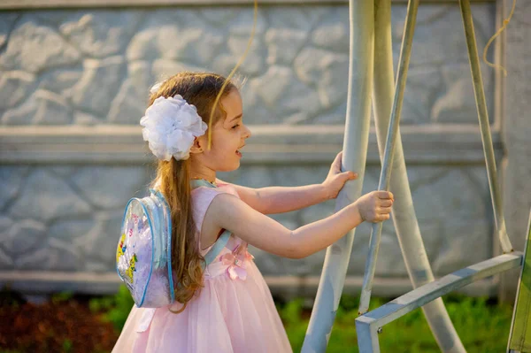 Pembe Prenses Elbisesi Içinde Beş Yaşında Tatlı Bir Kız Yaşındaki — Stok fotoğraf