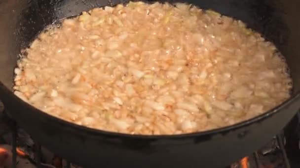 Cozinha Caseira Cebolas Fritam Uma Panela Sobre Fogo Comida Rua — Vídeo de Stock