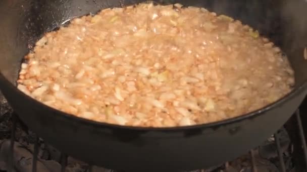 Las Cebollas Fríen Sobre Fuego Abierto Fuego Vivo Cocinar Hoguera — Vídeos de Stock