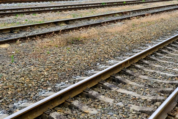 Railroad rails in Russia. Concrete sleepers.Background image for web design.