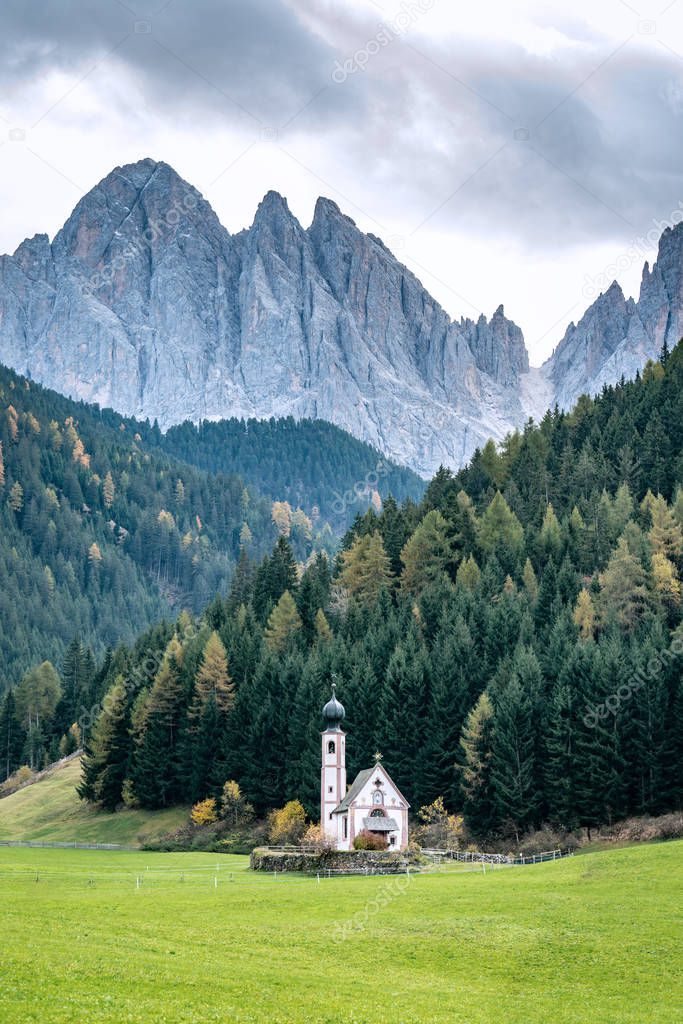 St. Johann in Ranui - a small church in front of the Dolomite mo