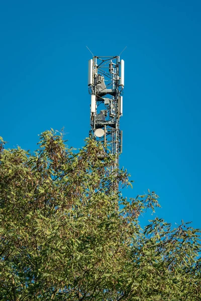 在阳光明媚的日子里，在绿树后面拍摄的一个手机塔的详细照片 — 图库照片