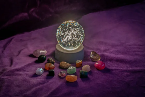 Close Illuminated Paperweight Surrounded Semi Precious Stones — Stock Photo, Image