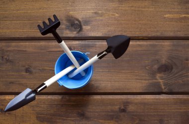 Kahverengi ahşap arka planda küçük bir kovada kürek ve tırmıkla küçük bir bahçe aletlerini kopyala. Bahçe çiçek yetiştirme. Yaz mevsimi fideleri.