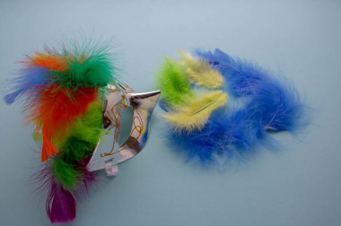 Beyaz arka planda çok renkli tüyleri olan karnaval maskesi