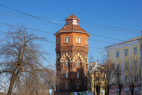 Rybinsk Russia Kuibyshev street water tower with elements of Roman and Gothic architecture.February 9,2020