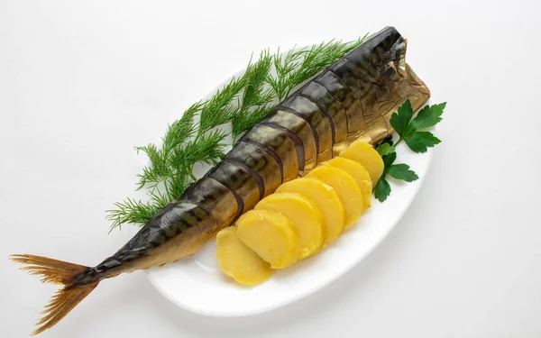 Plate Baked Mackerel Stuffed Herbs Onions Boiled Potatoes Spices Butter — Stock Photo, Image