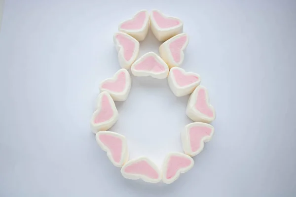Nummer Acht Gemaakt Door Kleine Kleurrijke Marshmallow Witte Achtergrond — Stockfoto