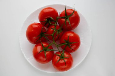 Domates dalı. Beyaz bir tabakta beyaz bir zeminde izole edilmiş domatesler..