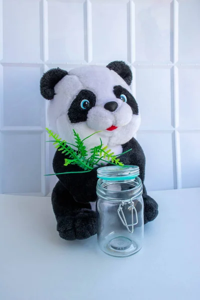 A soft Panda toy and a glass jar with a lid on a white background. Reusable packaging. Disaster of the planet. Concept of garbage sorting. Zero waste