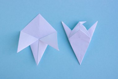 Mavi arka planda el yapımı beyaz renkli geometrik kağıt origami balığı. Adım 3.