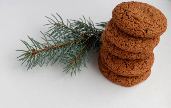 Natürliche Haferflockenplätzchen Und Fichtenzweige Isoliert Auf Weißem Hintergrund — Stockfoto