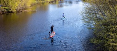 Küçük bir köyün nehrinde yüzen bir sörf tahtası.