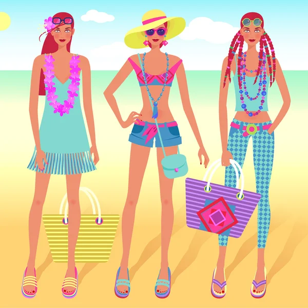 Cute girls in beachwear on the beach. Stock Vector