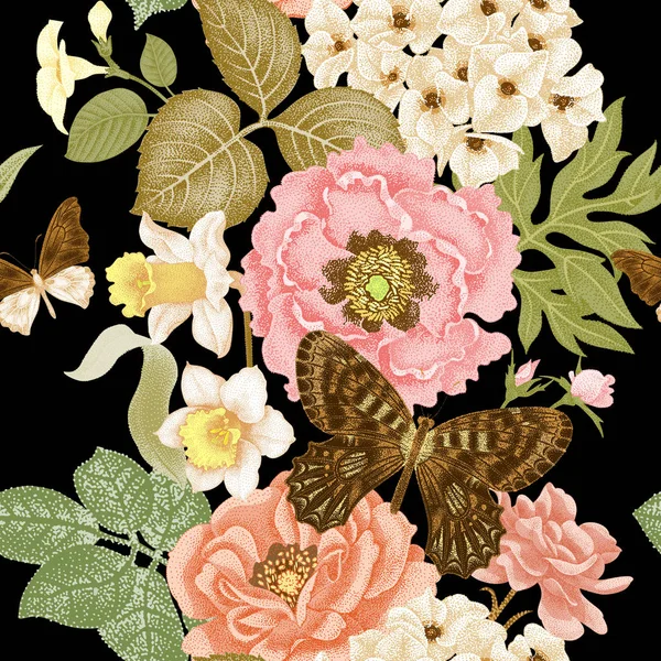 Modèle sans couture avec des fleurs roses et pivoines — Image vectorielle