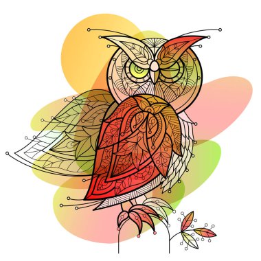 Arka plan sulu boya lekeleri üzerinde desen baykuş.