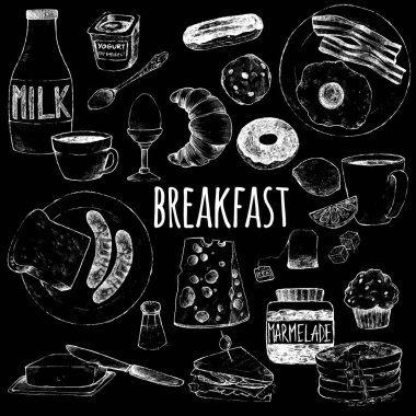 Doodle set food for breakfast. vector