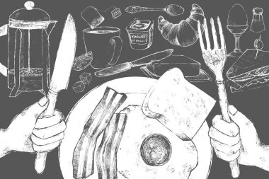 Hand drawing on breakfast. vector Hand drawing on breakfast. vector